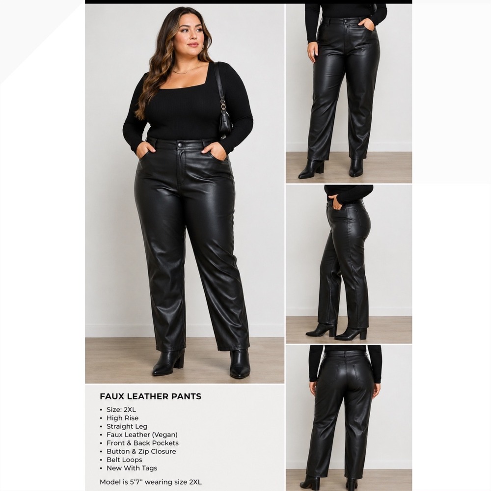 Black Faux Leather High Rise Straight Leg Vegan Capsule‎ Edgy Pants Size 2XL NWT